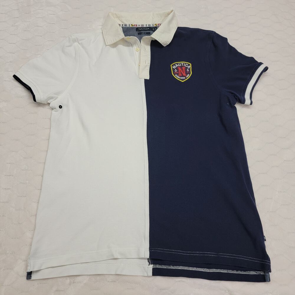 Nautica Polo Shirt Mens XL Slim Fit Colorblock Navy White Shield Crest Deck